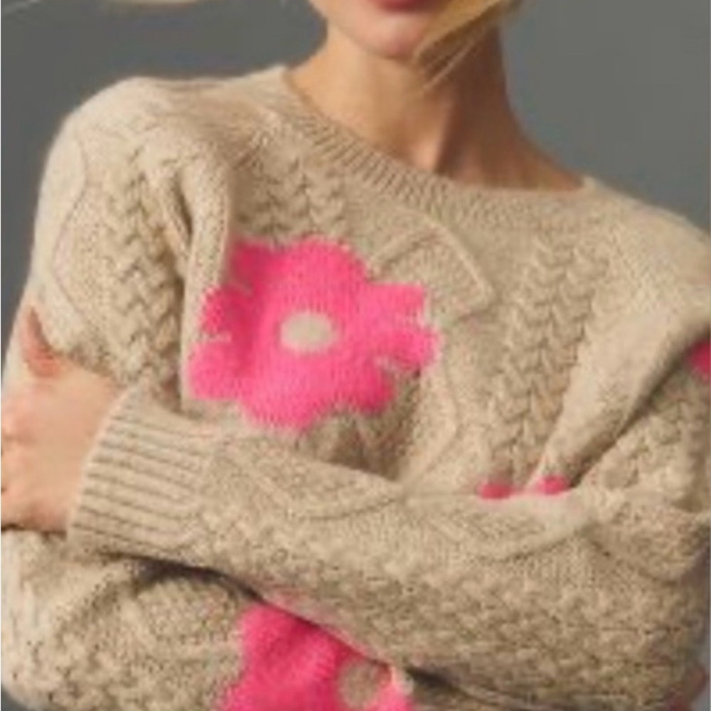 Anthropologie Maeve Beige Sweater with Pink Floral Accents